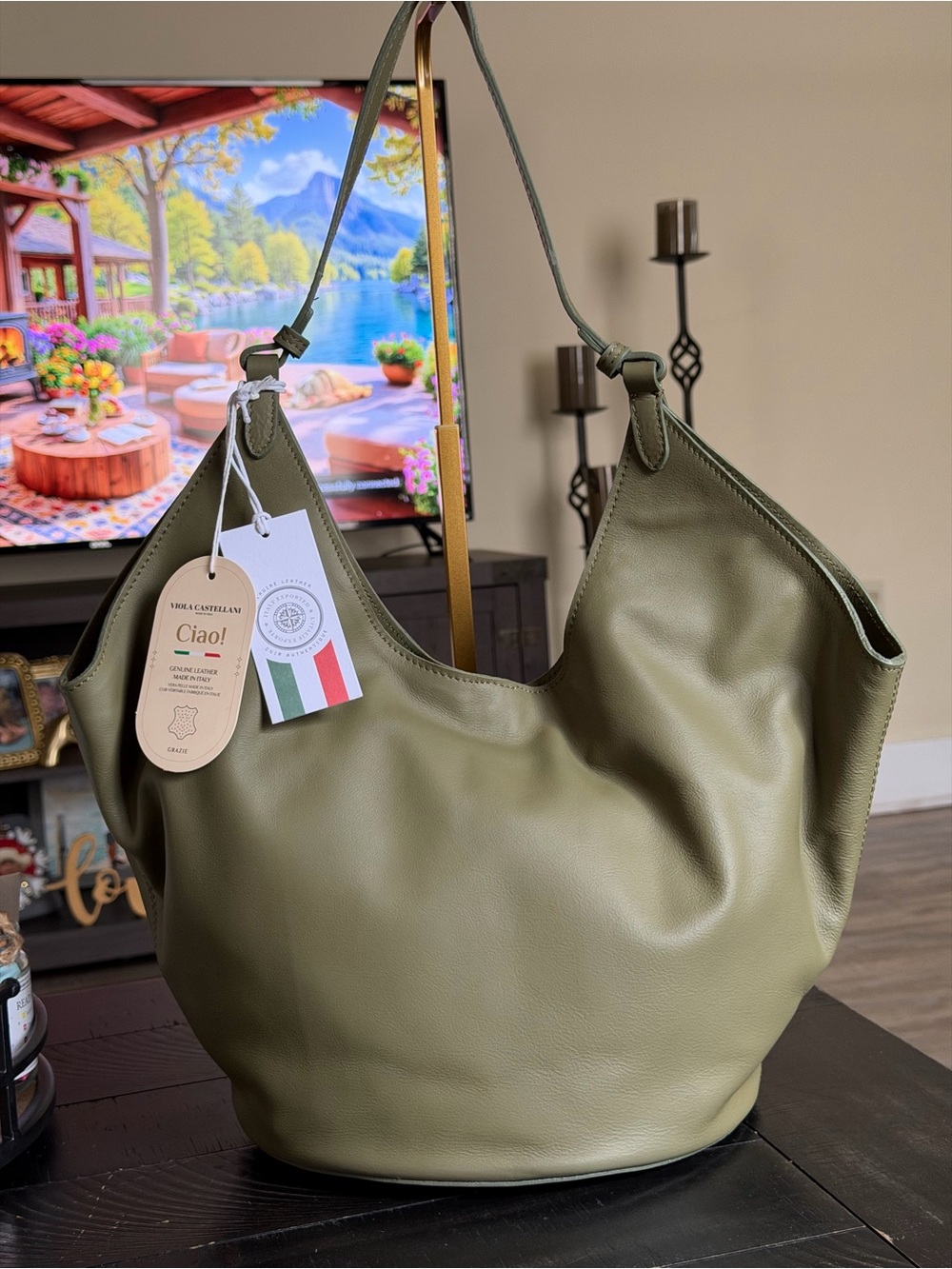 NWT Viola Castellani military green Italian leather hobo  bag #italianleather